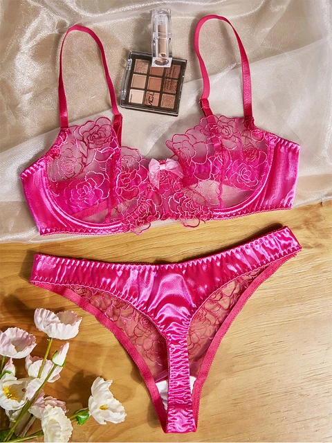 NEW! 2 PIECE SET Petal Pink Bralette Sexy Lingerie Rose Appliqué  Embroidered bra