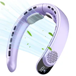 Enhanced Quad - Core USB Neck Fan with Turbine Vaneless Design - 4000mAh Portable Outdoor Fan with Easy Control & Digital Display (Upgrade Purple)