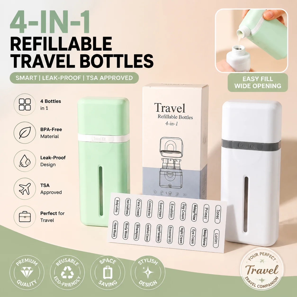 Compact 4-in-1 Refillable Travel Toiletry Set - Leak-Proof Cosmetic Liquid Containers