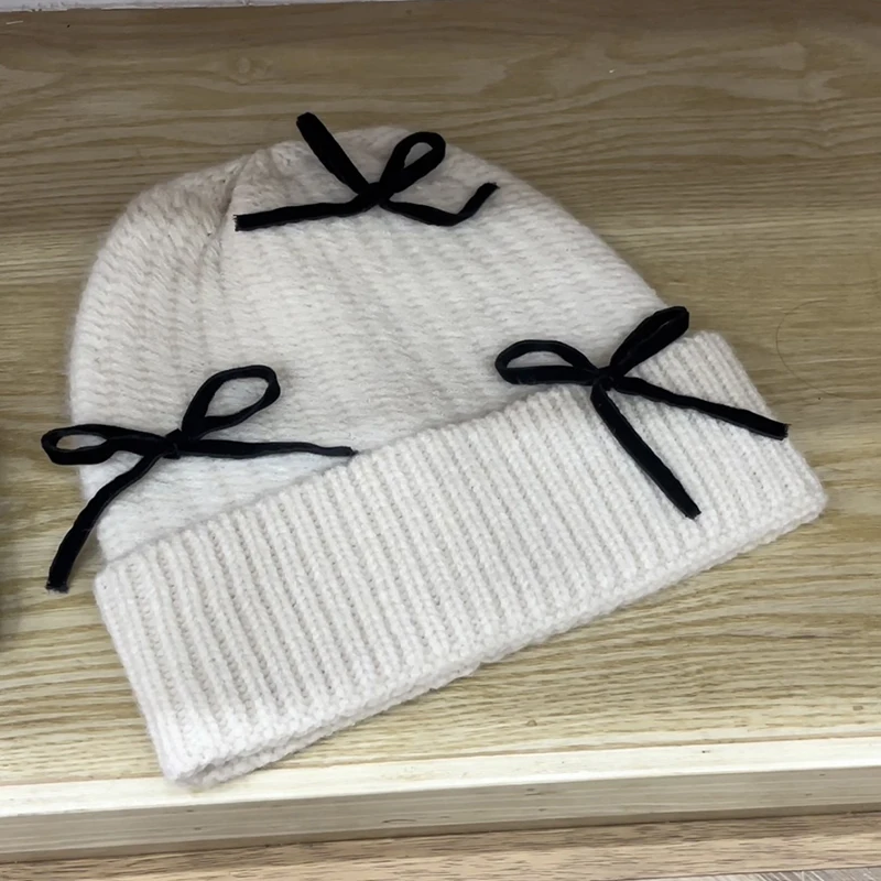 

Luna&Dolphin Big Head Circumference Women Winter Woolen Soft Handmade Bows Head Hat Hairball Hat Striped Winter Girls Sweet Caps