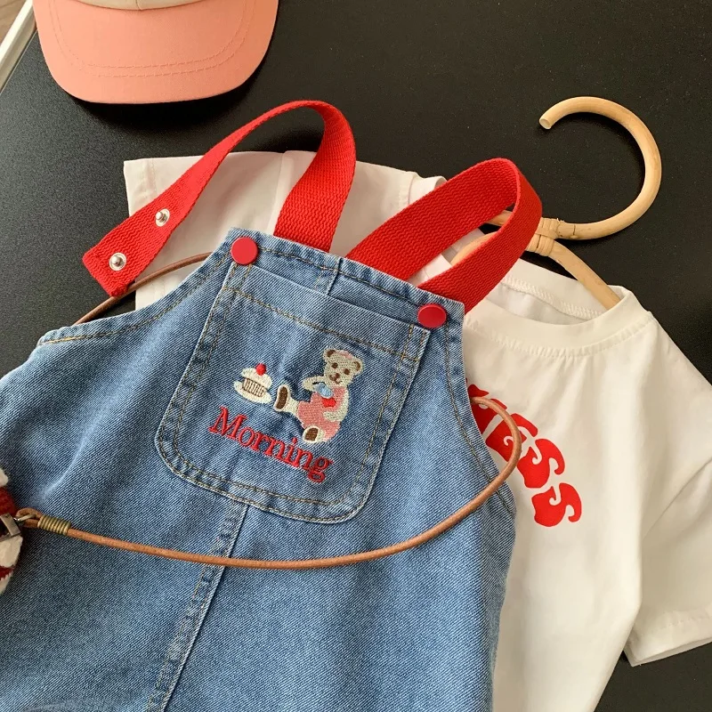 2023 Summer Children Girl Clothes 0-6Years Kids Girl Cartoon Bear Embroidery A-line Denim Dress Overalls Outfit Fashion Sundress