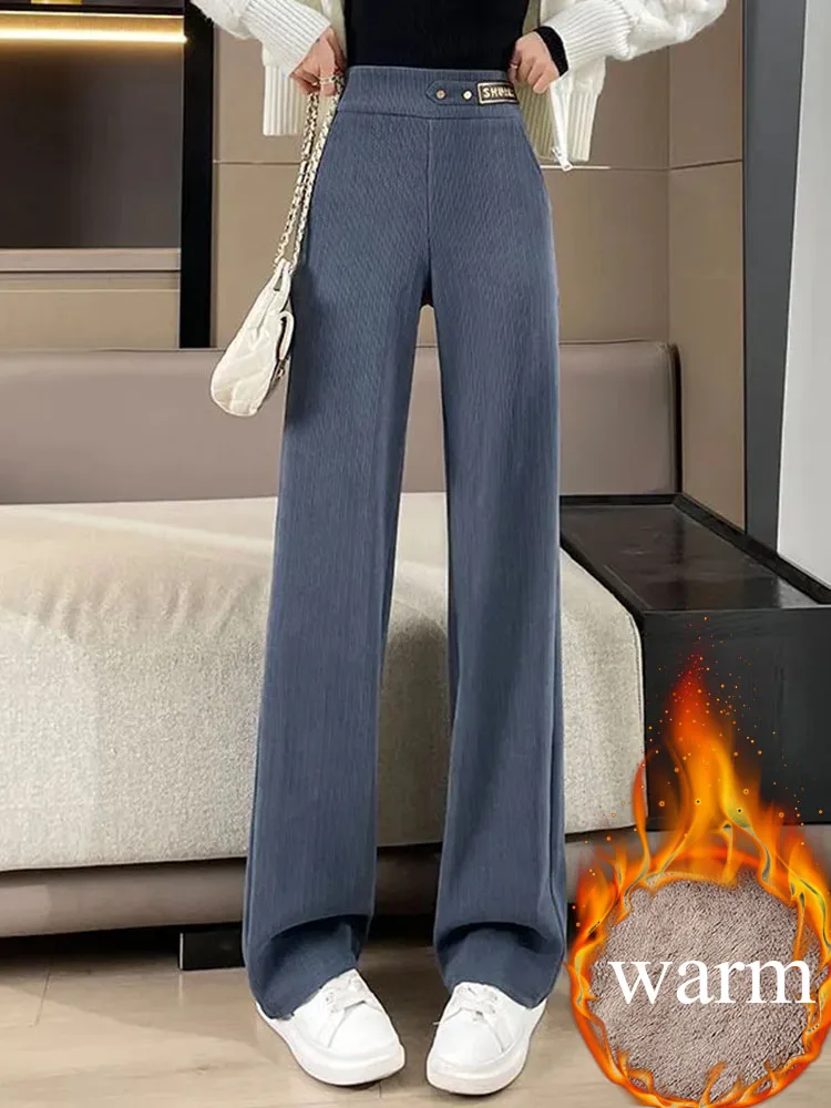 Winter Warm Elastic High Waist Straight Pants Women Thicken