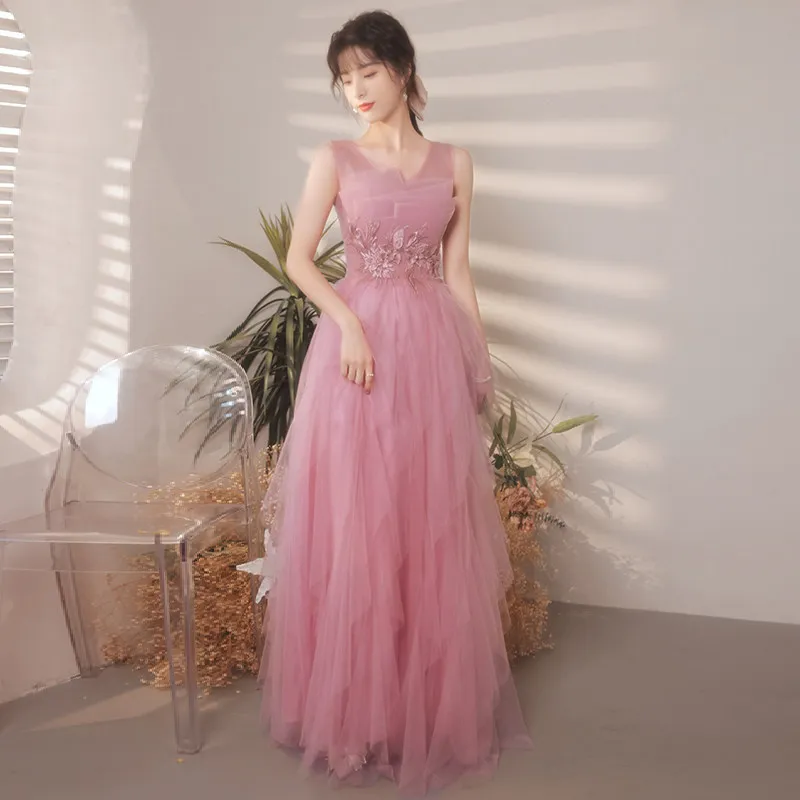

Pink V-Neck Evening Dress Empire Sleeveless Embroidery Floor-Length Zipper Back A-Line Plus Size Women Formal Party Gown C1677