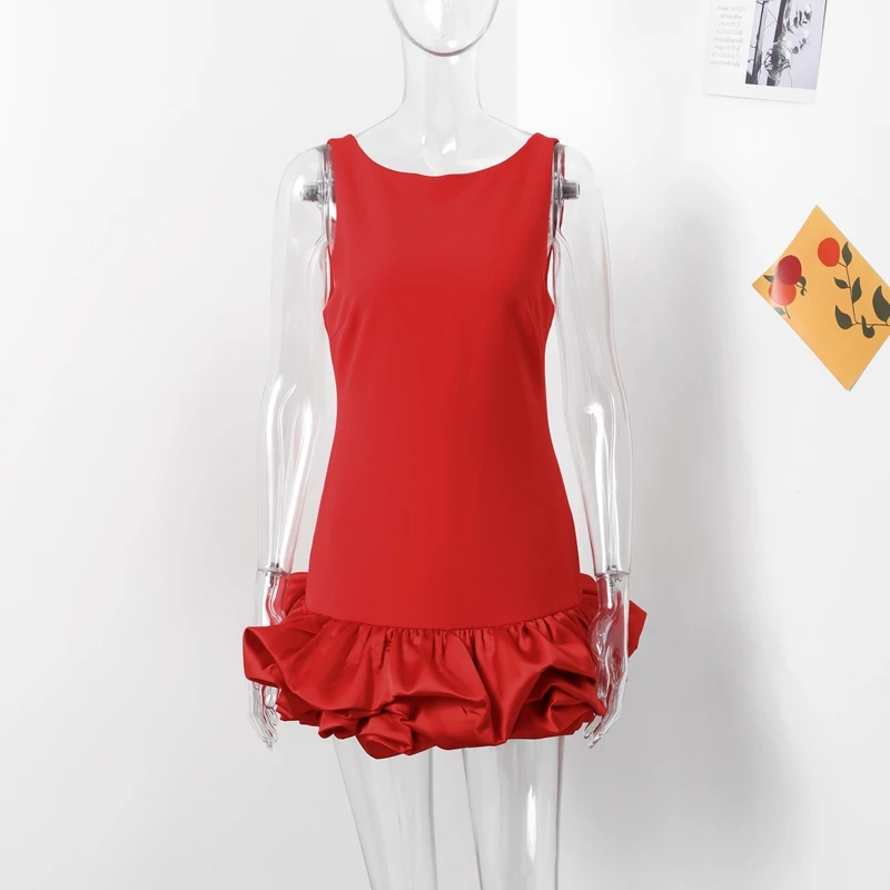 Elegant Sleeveless White Short Dress Women Slim O-neck Backless Ruffles Hem Party Evening Dresses Summer Lady Streetwear