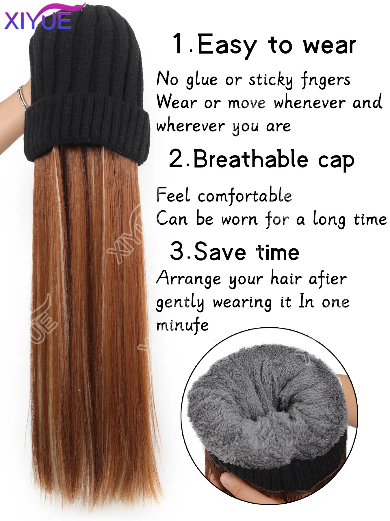 XIYUE Long Synthetic Straight Dark Brown Wigs with Hat Cap Adjustable Hair Wig with Hats for Ladies and Girls Daily Winter Wear