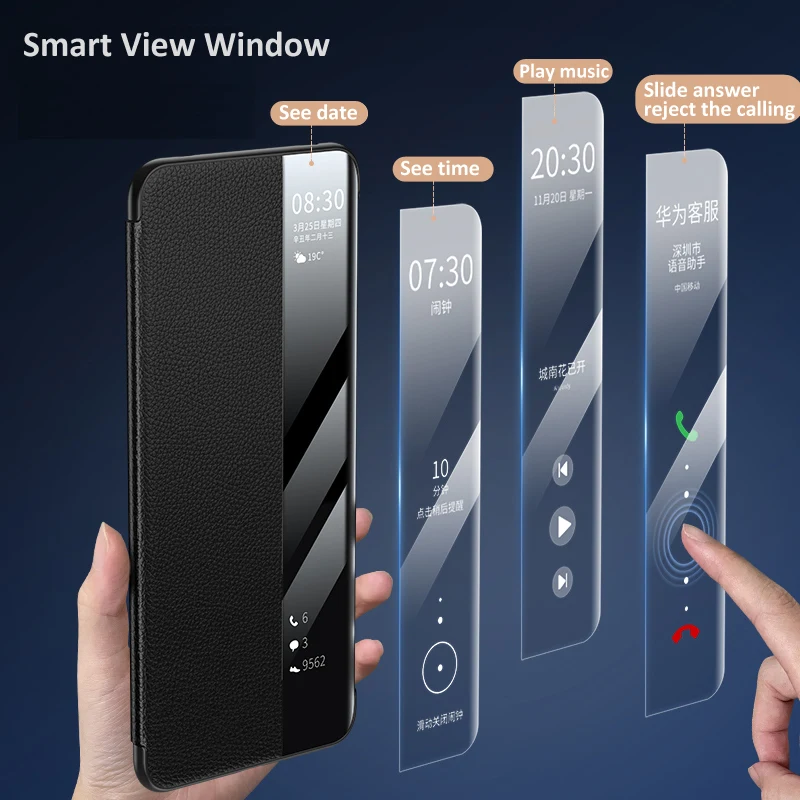 Window Smart Flip Leather Cover For Huawei Mate 60 Pro Sleep Wake