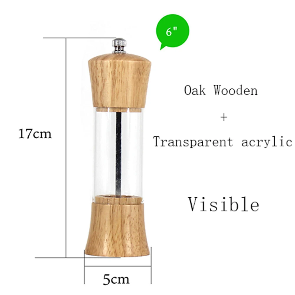 6 inch Wood Acrylic Spice Pepper Mill with Strong Adjustable Ceramic Grinder Home Kitchen Tools For Cooking