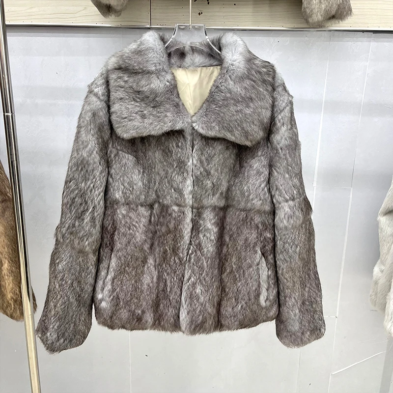 2025 New Fashion Real Natural Rabbit Fur Coat Luxury Natural Genuine Whole Fur Short Jacket Full Pelt Rabbit Fur Overcoat