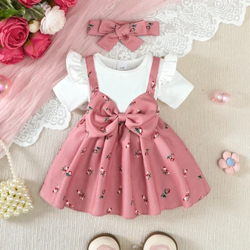 2PCS Infant Baby Girl Pink Cherry Print Ruffle Short Sleeve  Dress + Headbandr for 0-2Y Toddler Sweet Summer Princess Dress 1