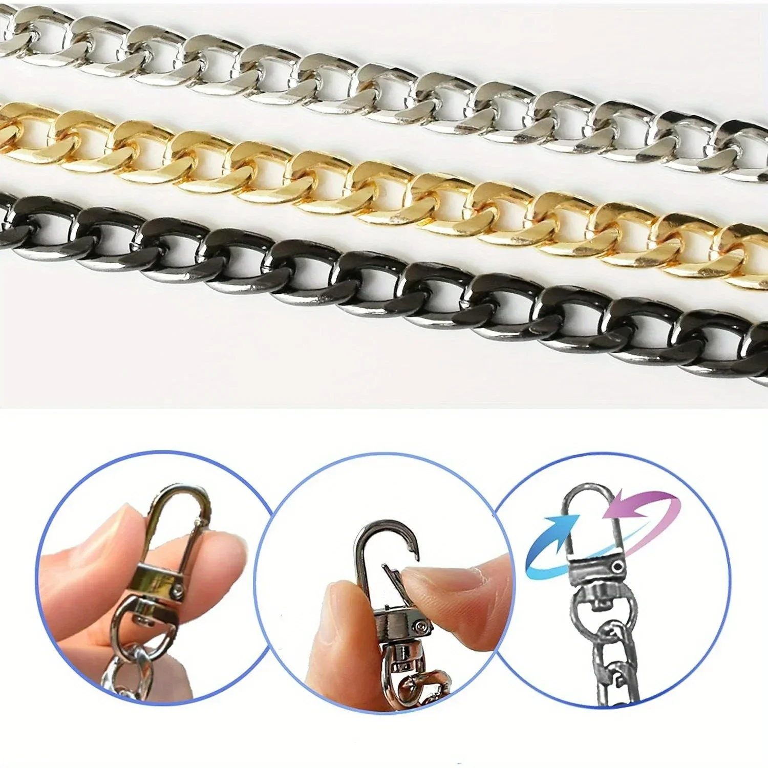 Purse Chain Strap Flat Chain Strap Handbag Chains with Metal Buckles for Wallet Satchel Tote Bags Shoulder Bag Replacement