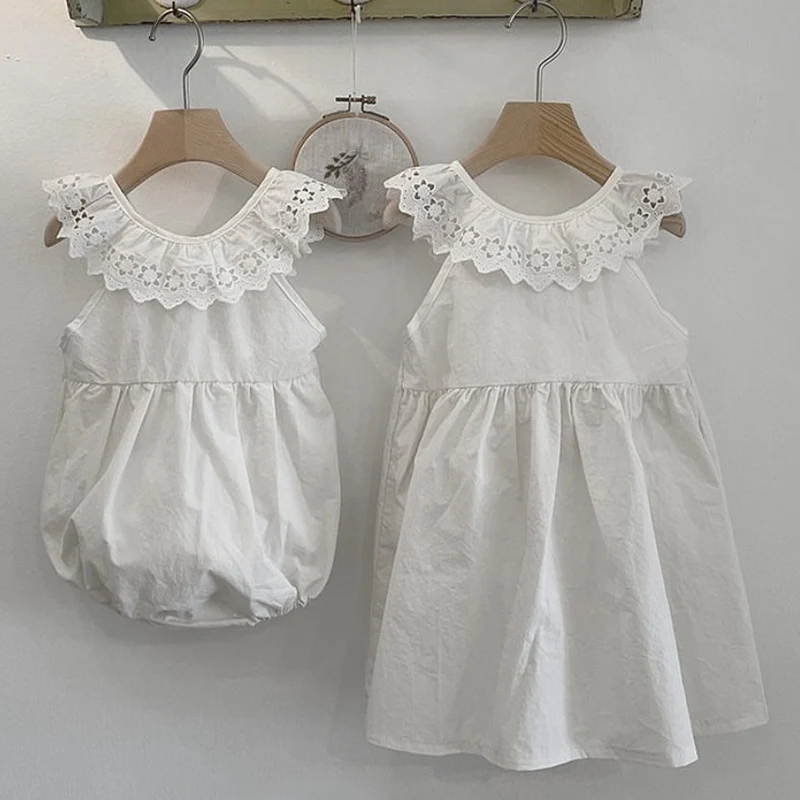 

Новинка 2024, летняя одежда для девочек, детское платье, Детский комбинезон без рукавов, хлопковые кружевные комбинированные Детские платья принцессы