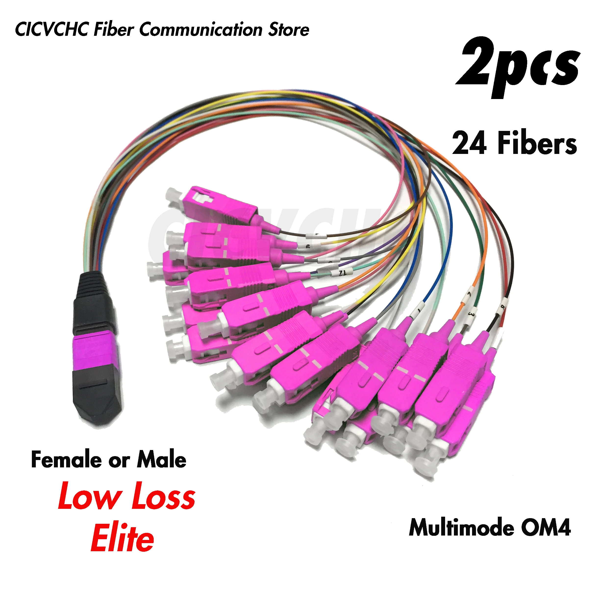 2pcs 24 Fibers MPO/UPC- SC/UPC-Harness cable-MM OM4-Elite/Low loss-Male/Female-0.35m