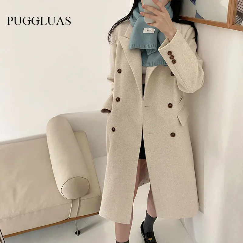 

Korea Elegant Long Woman Coat Winter Autumn Solid Turn Down Collar Double Breasted Office Ladies Blazer Coat Outwear Overcoat
