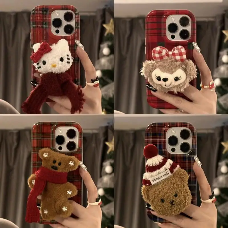 

Christmas Red Kitty Lattice Apple Phone Case for Iphone15Promax Cartoon 14Pro/13Doll Bracket11/12All Inclusive Soft Shell Kawaii