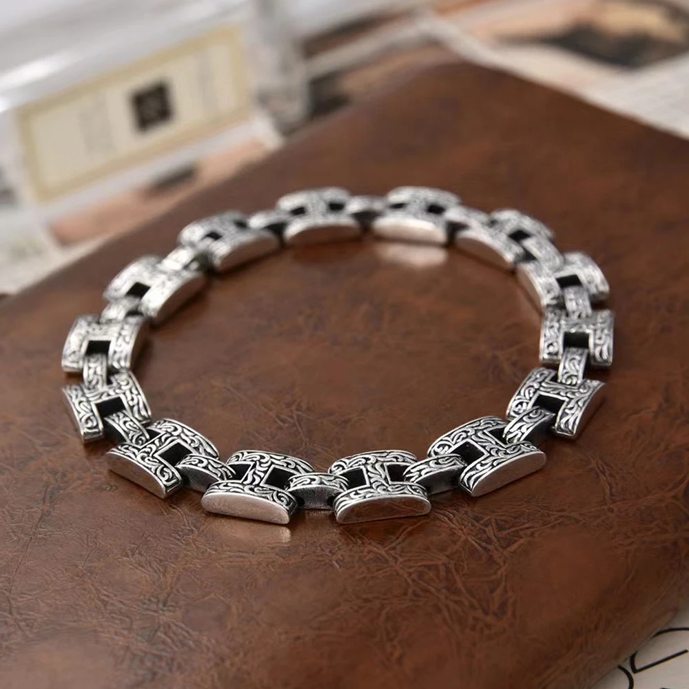 YIZIZAI Tibetan Silver Metal Chain Bracelet for Men Vintage Grass Pattern Links Bracelet Male Hip Hop Jewelry Accessories Gifts