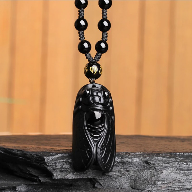 

Natural Black Obsidian Carved Chain Happy Pendant Lucky Amulet Necklace Pendants For Women Men Fashion Jewelry