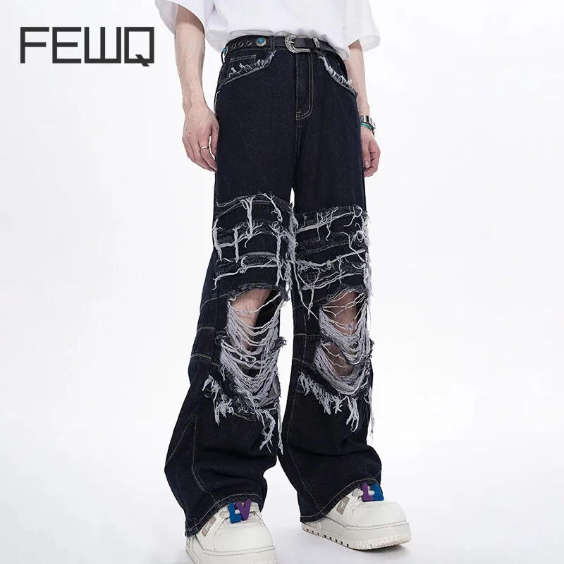 

FEWQ American Style Jeans Summer Men's New High Street Hole Trousers Niche Design Fashion Trend Looes Straight-leg Pants 24Y116