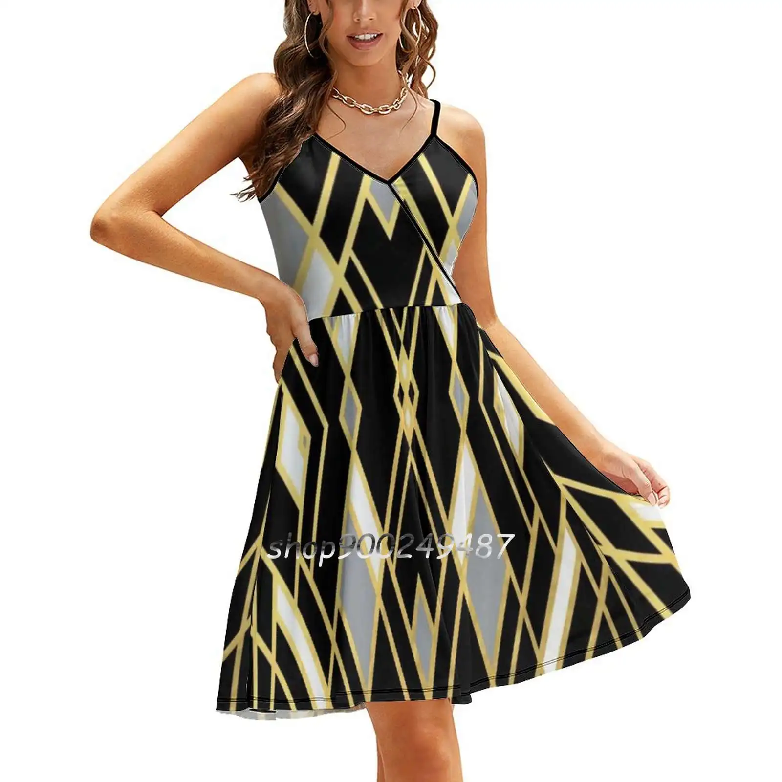 

Art Deco Grey Zoom Gold Sling Dress Summer Dress Sling Sexy A Line Dress Fashion Female Dress Artdeco Gold Grey Black White