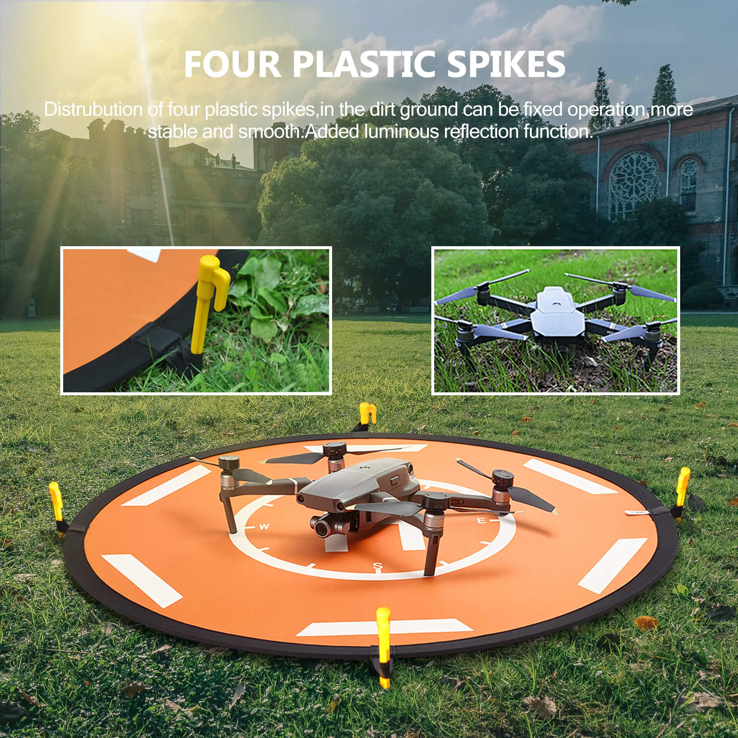Tapis d'atterrissage pour drone 80cm orange utilisé en extérieur, drone en vol au-dessus, haute visibilité assurée.