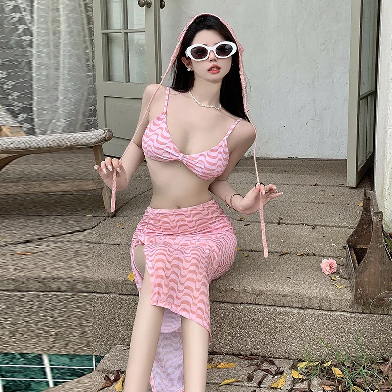 

New Hot Spring Swimsuit, Women's Split Body, Pure Desire, High-end Feeling, French Bikini Sexy Three Piece Shawl Swimsuit