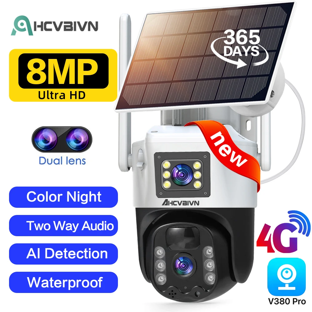 4G 8Mp Dual Lens Ptz Batteria Telecamera Solare 4K Dual Screen Pir Human Tracking Outdoor Wifi Security Cctv Telecamera Ip Di Sorveglianza