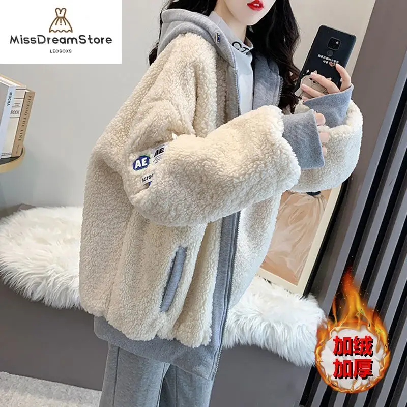 

Coat Women's Fashion INS Autumn and Winter Plush Thickened Korean Version Loose Jacket Imitation Lamb Wool Sweater Student