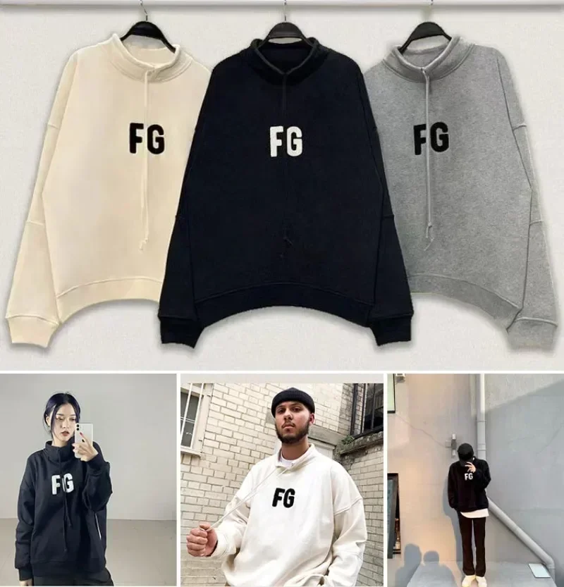 

ESSENTIALS Double Line FG Flocked Letter Men's Sweater High Street Loose Jacket Outdoor Couple Loose Coat Trend Pullover