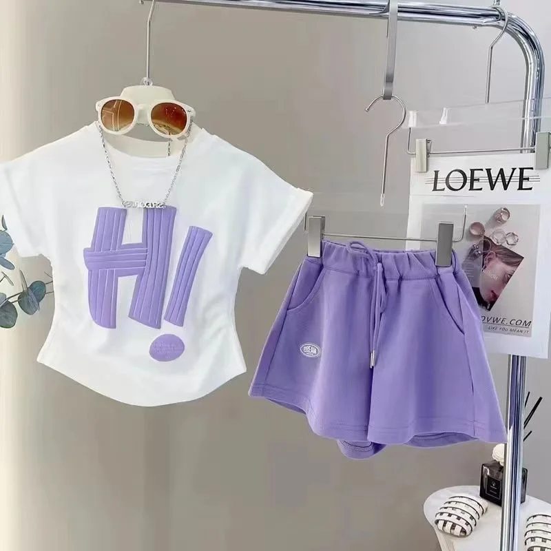 

Summer Girl's New Letter Printed Short Sleeved Shorts with A Sporty and Fashionable Cute Color Blocking Two-Piece Set