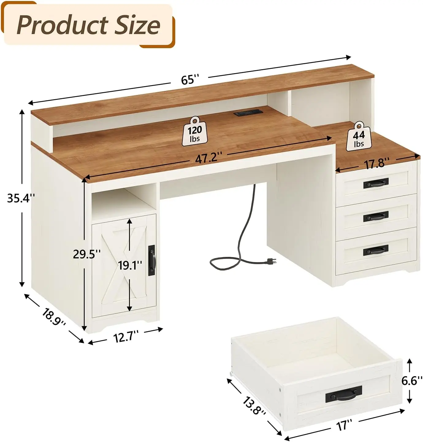 Farmhouse Computer Desk with Drawers, 65'' Home Office Desk with Power Outlets, Storage Cabinet and Printer Stand