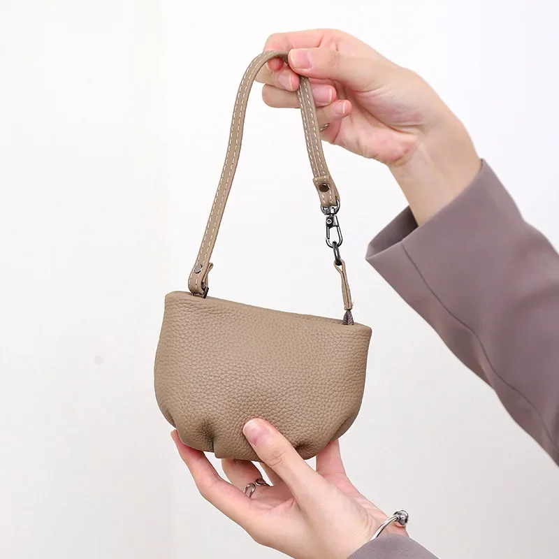 New Women's Genuine Leather Small Coin Purse Change Zipper Wallet Mini Handbag with Wrist Strap Lipstick Cosmetics Organizer Bag