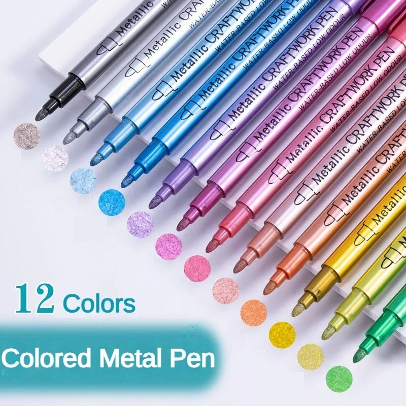 Pennarello metallico a 12 colori Pennarelli a punta media Pennarello artistico Pittura su roccia in metallo Creazione di carta nera Materiale scolastico di cancelleria - immagine 2