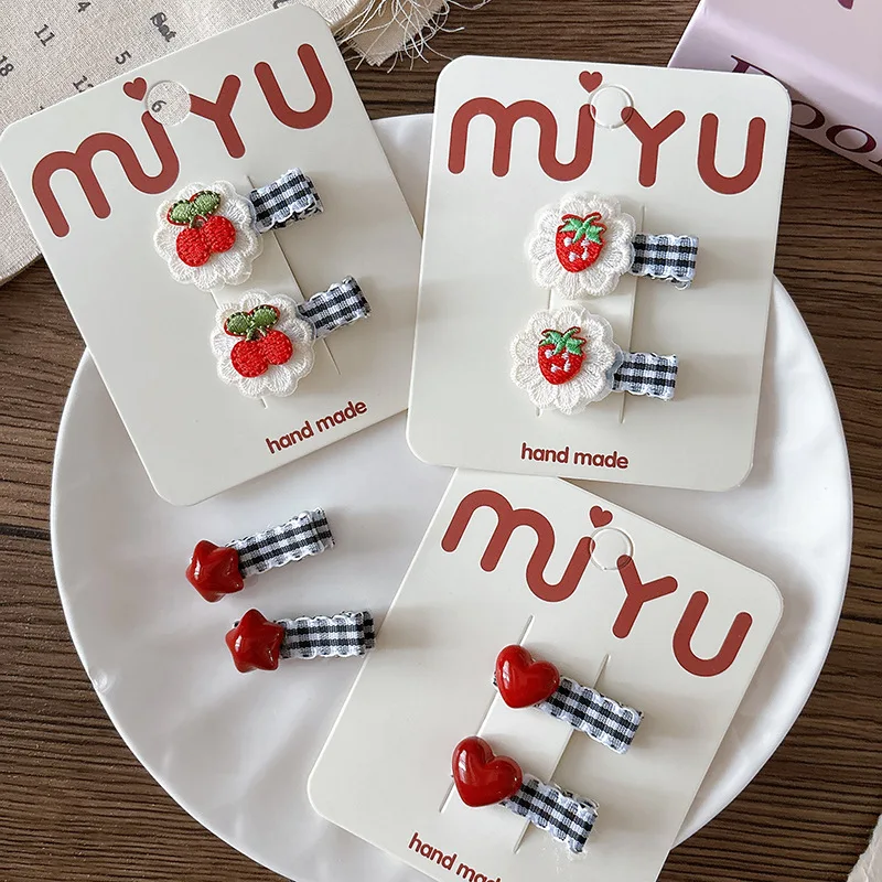 2pcs Girls Korean Red Heart Plaid Hairpins Strawberry Cherry Embroidery BB Clip Children Hair Clip Bangs Clip Hair Accessories