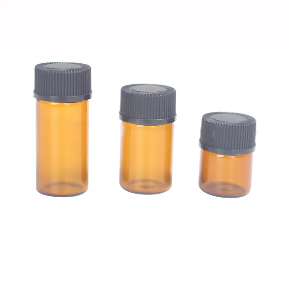 100pcs 1ml 2ml Amber Glass Bottles for Essential Oils Sample Bottles Refillable Empty Bottle with Black Caps for Oil Essential