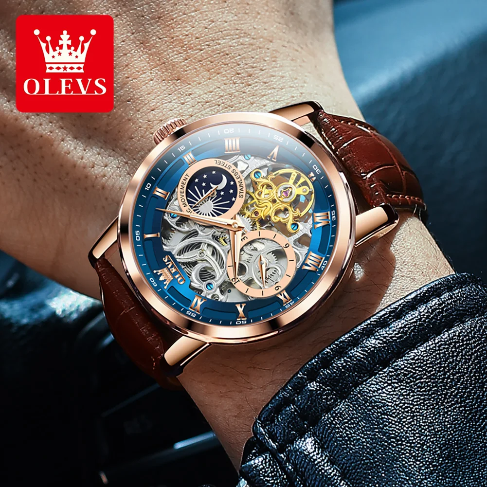 OLEVS 6721 Orologio meccanico automatico da uomo con scheletro di fasi