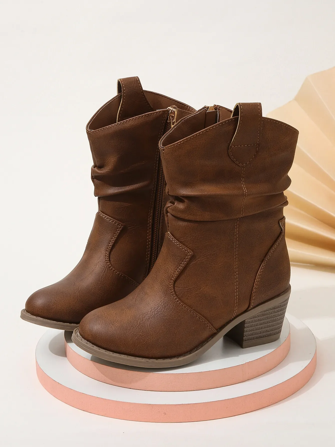 Teenage Kids Leather Boots Elegant Side Zipper Girls Fashion Boots Brown Pleated Chic Children Low Heels Mid-calf Boots Simple S334413826fab48a3a52ce18c957f7bb4o