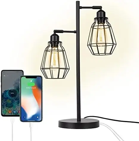

Metal Table Lamp with 2 USB Port Bedside Nightstand Desk Lamps Retro Black Metal Mesh Shade for Living Room Bedroom House Bedsid