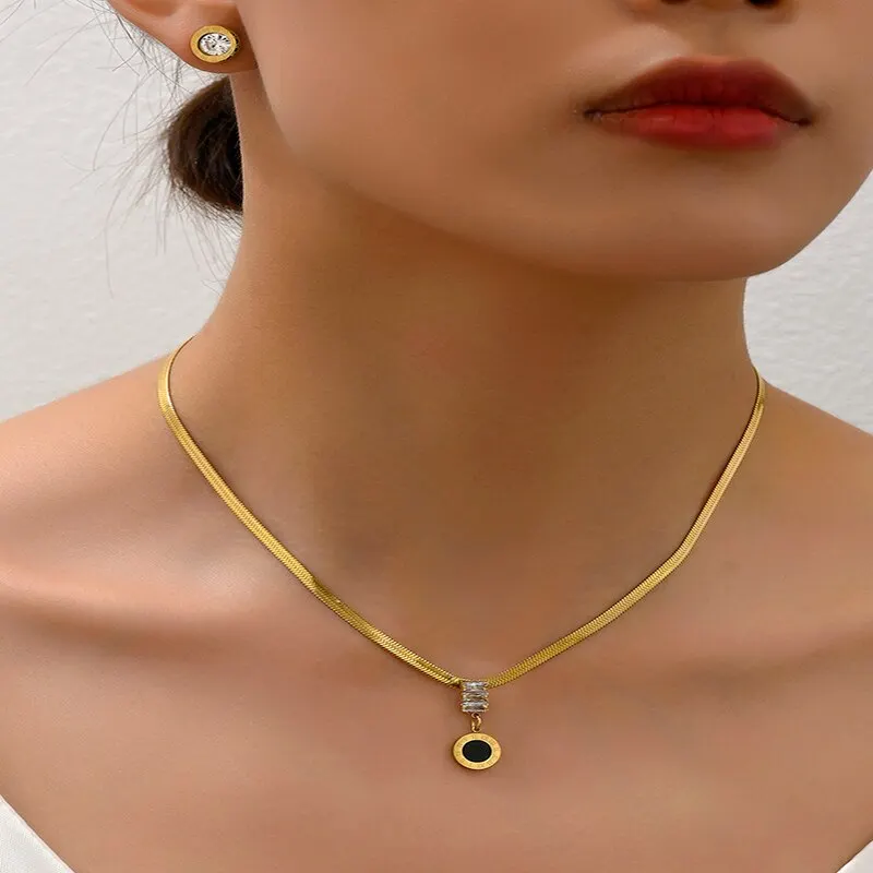 S33443e0210e04bac87becaed6115fed3X 2 Pcs Roman Numerals Pendant Earring Jewelry Set Gold Plated Snake Chain Bezel Set Crystal Stone Earrings Party Gift Mallzona