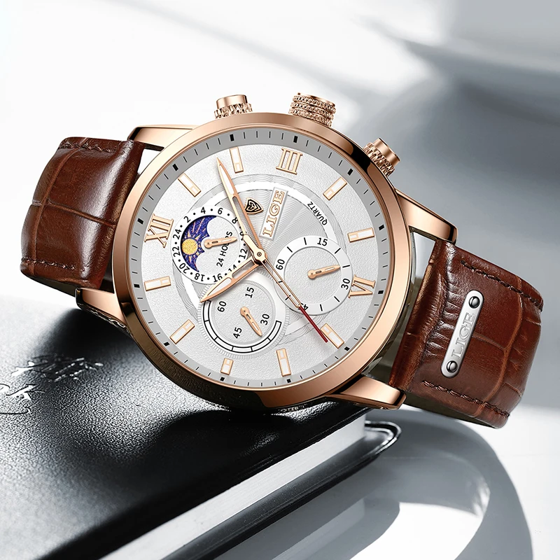 LIGE Fashion 24 hour Moon Phase Watch Men Outdoor Sport Waterproof Watch For Men Luxury Military Leather Men Quartz Wristwatches