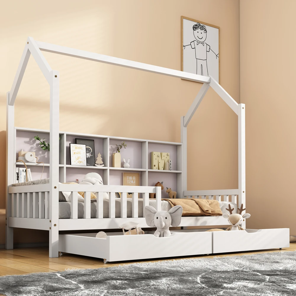 90x200cm modernes Kinder-Etagenbett, mit Mehrzweck-Bücherregal, Kinderbett mit Ablagefach und zwei großen Schubladen – Detail 16