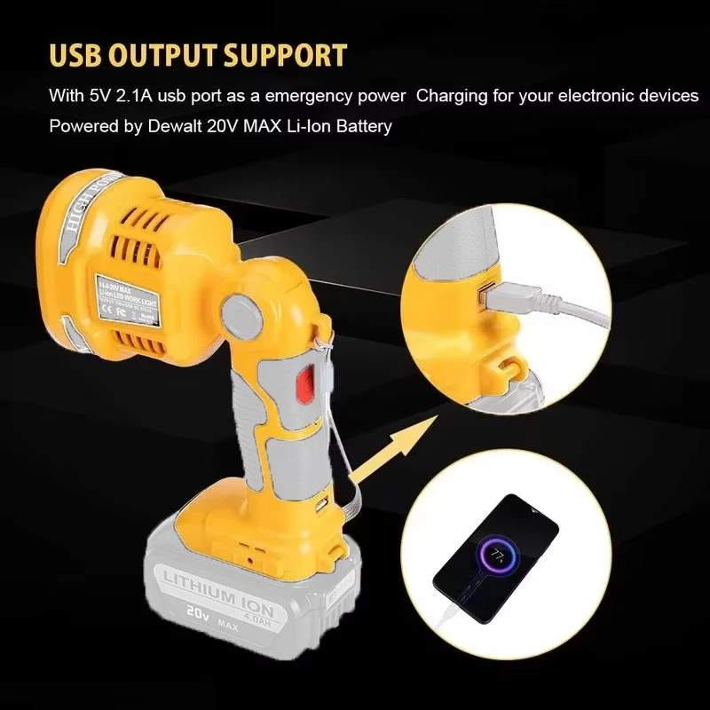 Dewalt용 12W 휴대용 LED 작업등, 18V 20V 최대 DCB140 DCB200 배터리 USB 야외용 도구 손전등(배터리 없음, 충전기 없음)