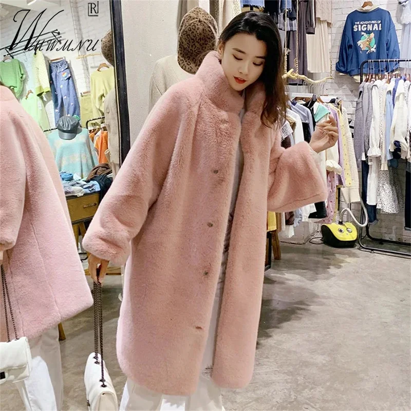 

Корейская модная розовая куртка из искусственного меха, пальто средней длины из кроличьего меха, Женское зимнее теплое пальто, утепленная пушистая куртка с воротником-стойкой