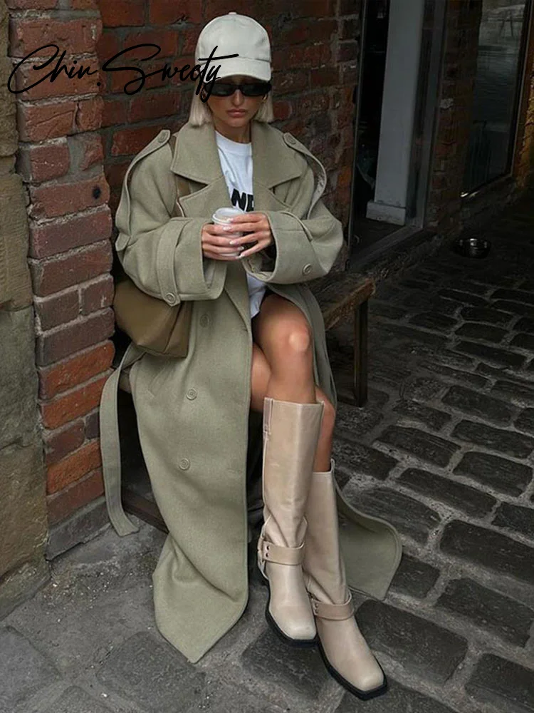 Casual Long Women Coat Urban Full Sleeve Double Breasted Belt Pocket Female Jacket 2024 Autumn Winter Elegant Lady Overcoat 4