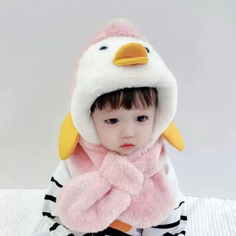 Autumn and Winter Cartoon Scarf One Piece Hat with Thick Windproof Ear Protection and Velvet for Boys Girls