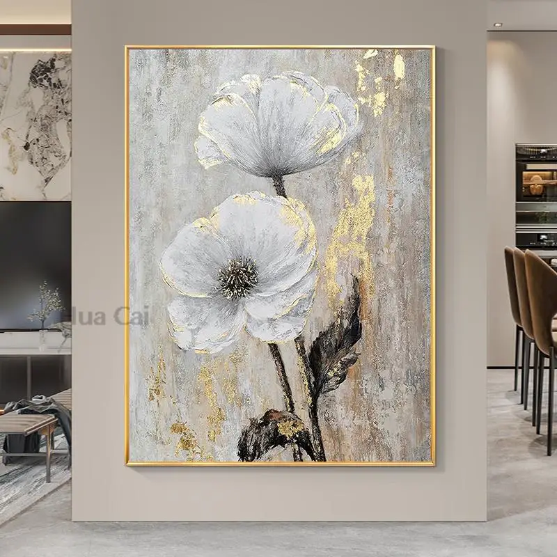 

Hand drawn painting art abstract oil painting, canvas flower painting gold leaf, Room Decor Wall Decoration Nordic Frameless