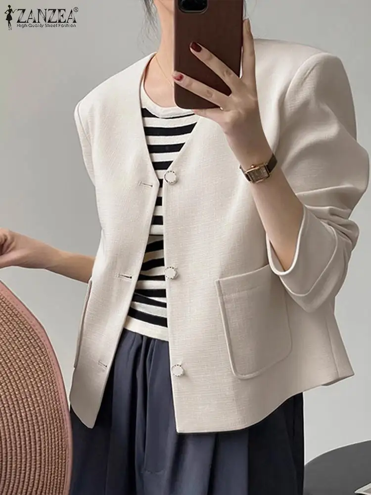 

2023 ZANZEA Vintage OL Cropped Blazer Female Fashion Solid Outwear Autumn Long Sleeve V-Neck Suits Woman Elegant Party Jackets