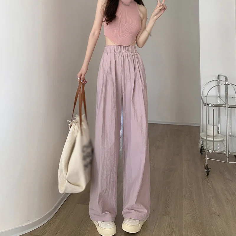 

Women 's High Waist Pants Summer Solid Colour Casual Loose Comfortable Versatile High Waist Elastic Waist Wide Leg Pants