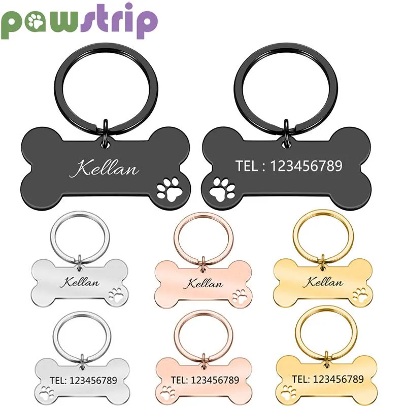Pet ID Tags Personalized Engraved Name Cat Puppy Dog Collar Tag Bone Shape Pendant Keyring Accessories