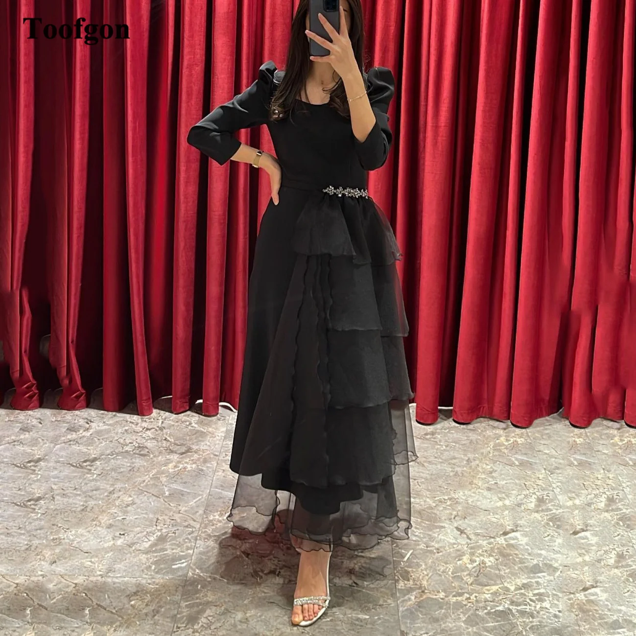 

Toofgon Black Ankle-Length Midi Prom Dresses Organza Saudi Arabic 3/4 Sleeves Women Outfits Party Gowns Formal Evening Dress