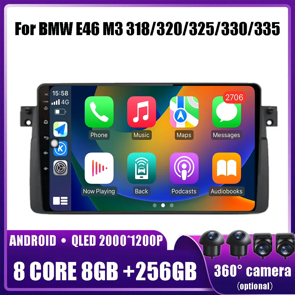 

For BMW E46 M3 318/320/325/330/335 Car Android 14 Multimedia Head Unit Stereo Player GPS Navigation BT WIFI 4G DVD DSP 2 Din