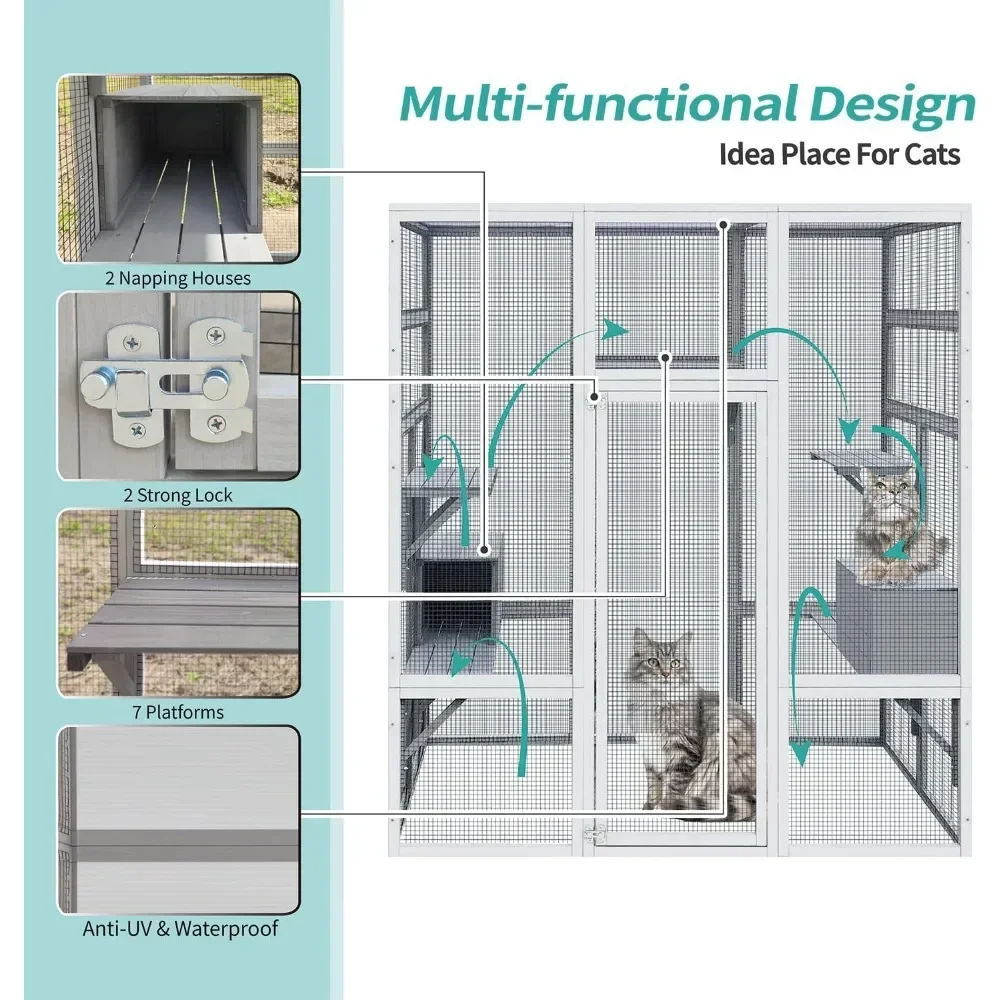 72 Inch Wooden Catio Outdoor Cat Enclosure w/ 2 Napping Houses, Luxury Kitty-House with 7 Jumping Platforms